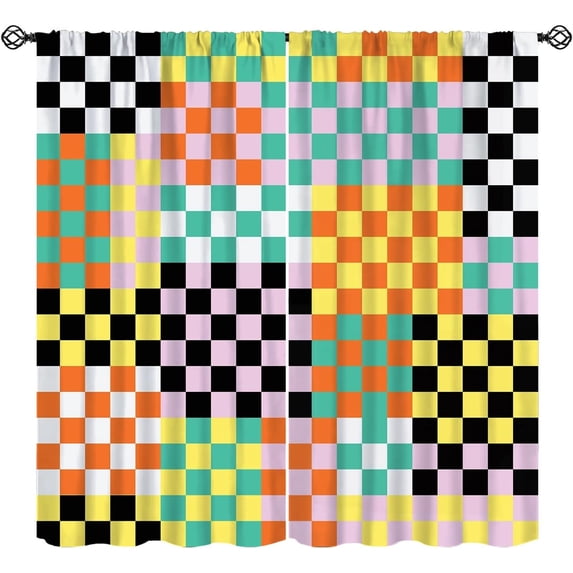 Checkered Curtains, Retro Colorful Checkerboard Groovy Aesthetic Modern Pattern Window Treatments, Rod Pocket Thermal Insulated Drapes 2 Panel Sets for Bedroom Living Room, 42" W X 54" L