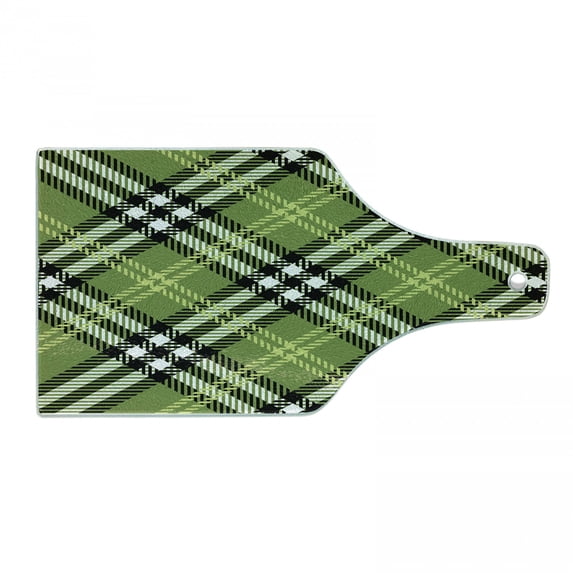 Checkered Cutting Board, Classical Celtic Pattern Symmetrical Stripes and Squares Print, Decorative Tempered Glass Cutting and Serving Board, Wine Bottle Shape, Pale Yellow Fern Green, by Ambesonne