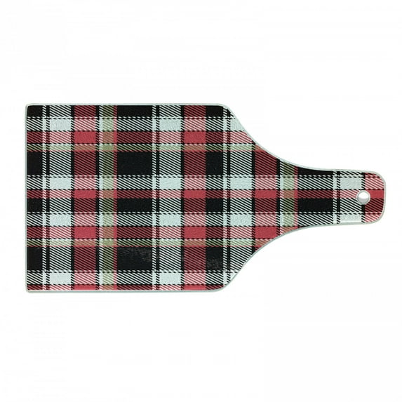Checkered Cutting Board, Pattern with Squares Mosaic Diagonal Vertical Stripes Graphic Print, Tempered Glass Cutting and Serving Board, Wine Bottle Shape, Dark Coral White Brown, by Ambesonne