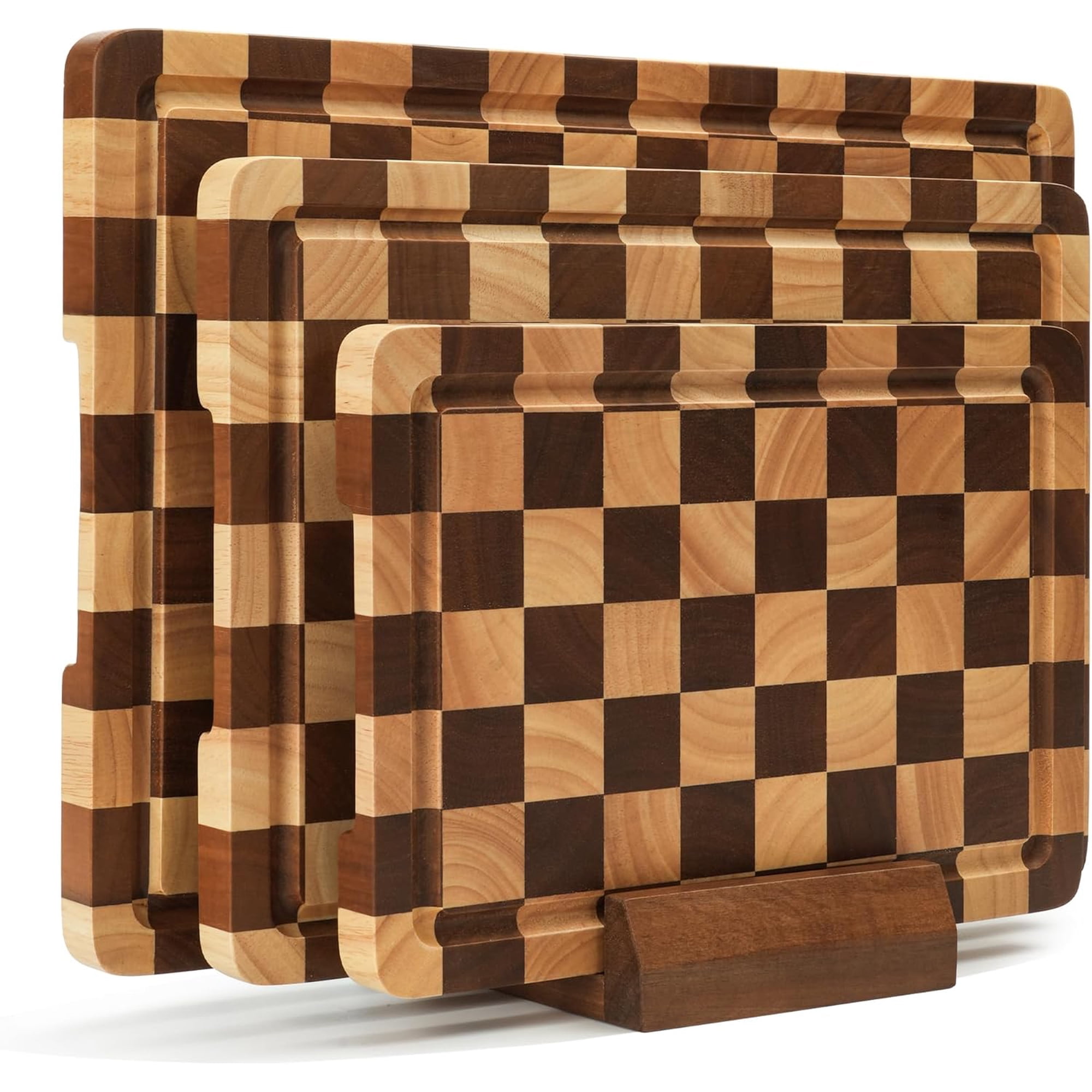 Checkered Cutting Board Set, 3-Piece Wood Checkerboard Boards for Kitchen with Stand, Chopping Set Juice Groove & Handle Meat, Vegetables, Cheese Serving