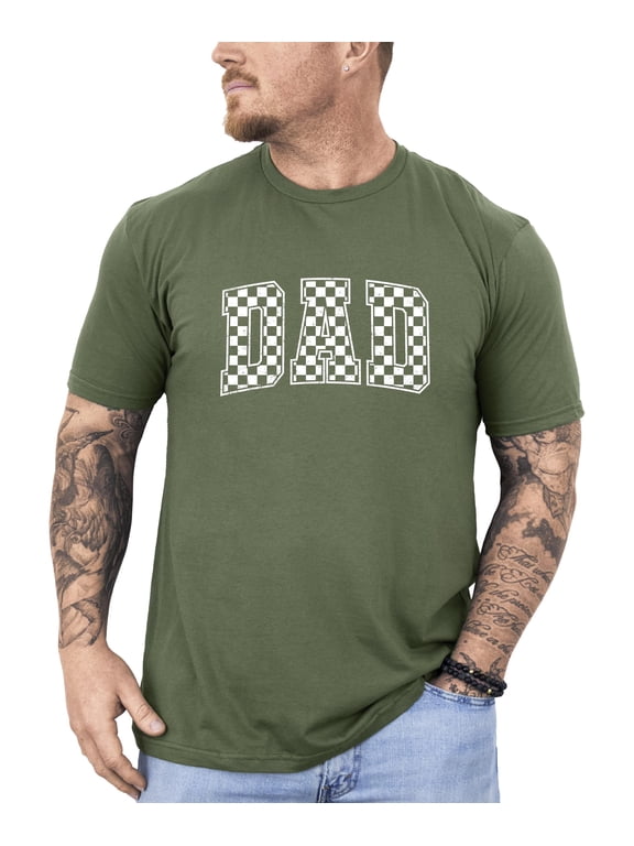 Checkered Dad Shirt for Men Trendy Vintage Graphic Tee for Cool Father Military Green Shirt Adult Small