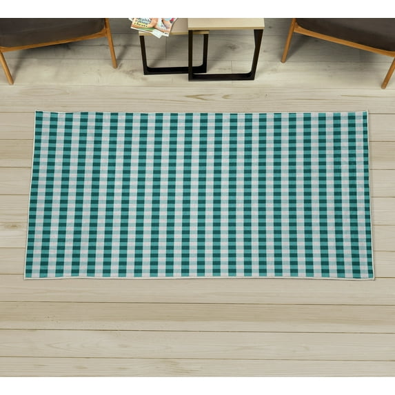 Checkered Decorative Rug, Monochrome Gingham Checks Classical Country Culture Old Fashioned Grid Design, Quality Carpet for Bedroom Dorm and Living Room, 6 Sizes, Teal White, by Ambesonne