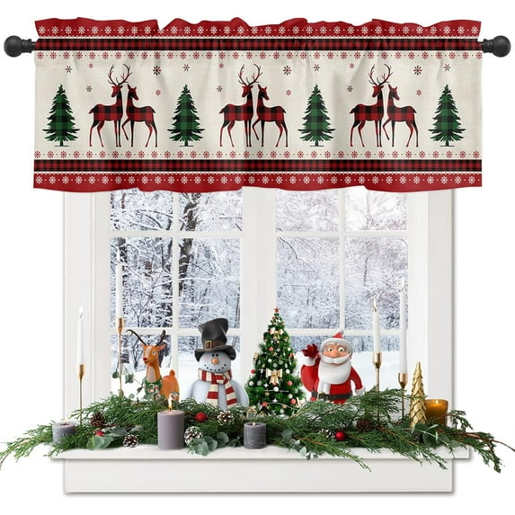 Checkered Deer Christmas Tree Christmas Kitchen Curtain Valance, Window Curtain Valance Rod Pocket, Xmas Valances Window Treatment for Living Room Bedroom Bathroom Cafe (54x18 Snowflake Elk Reindeer)