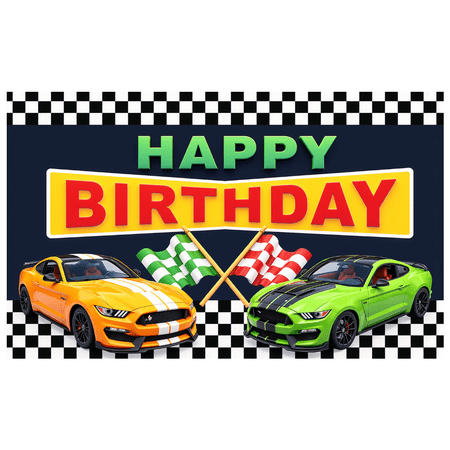Checkered Design Birthday Banner Car Theme Racing Cars Happy Birthday Flags for Kids Party Race Day Event
