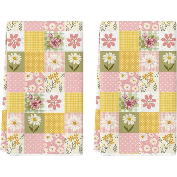 Checkered Design Daisy Floral Spring Kitchen Towels Dish Towels, 18x26 Inch Farmhouse Summer Decoration Cleaning Set of 2