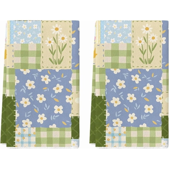 Checkered Design Star Daisy Floral Spring Kitchen Towels Dish Towels, 18x26 Inch Farmhouse Summer Decoration Cleaning Set of 2