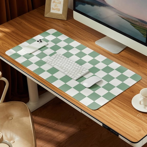 Checkered Desk Mat, Large Cute Aesthetic Retro PU Leather Computer Laptop Non-Slip Waterproof Mouse Keyboard Pad, Writing Mat for Work/Home (Sage, 31.5" x 15.7")