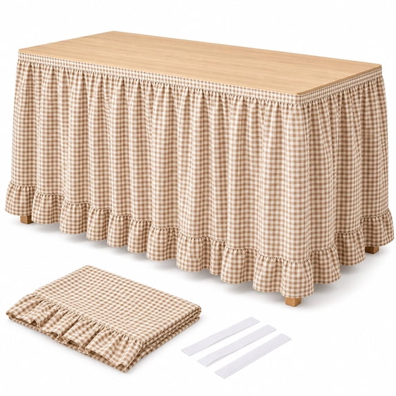 Checkered Desk Skirt, 6ft Table Skirt with Ruffled Hem (Black) for Parties and Display Tables