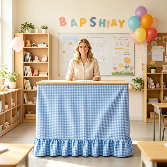 Checkered Desk Skirt,Ruffled Elastic Wrap Around Table Cover,Home Decor Table Skirt,72.1"×29.9"(Sky Blue)