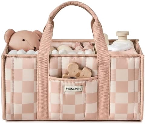 Checkered Diaper Caddy Organizer, Stylish Nursery Storage Basket, Gift for Baby Shower, Newborn Essentials, Registry Search Must Haves, Pink