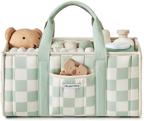 Checkered Diaper Caddy Organizer, Stylish Nursery Storage Basket, Gift for Baby Shower, Newborn Essentials, Registry Search Must Haves, Sage Green
