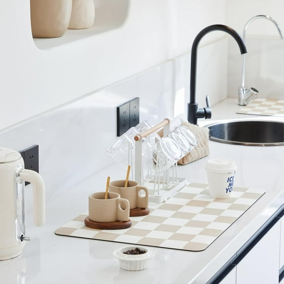 Checkered Dish Drying Mat for Kitchen Counter, Coffee Bar, Coffee Station Accessories, Retro Aesthetic Cute Absorbent Coffee Mat Kitchen Drying Mat Easy Clean, Beige 19.5x12in