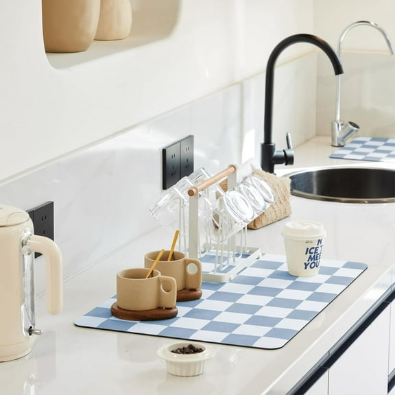 Checkered Dish Drying Mat for Kitchen Counter, Coffee Bar, Coffee Station Accessories, Retro Cute Aesthetic Absorbent Coffee Mat Kitchen Drying Mat Easy Clean, Blue 12" x 19"