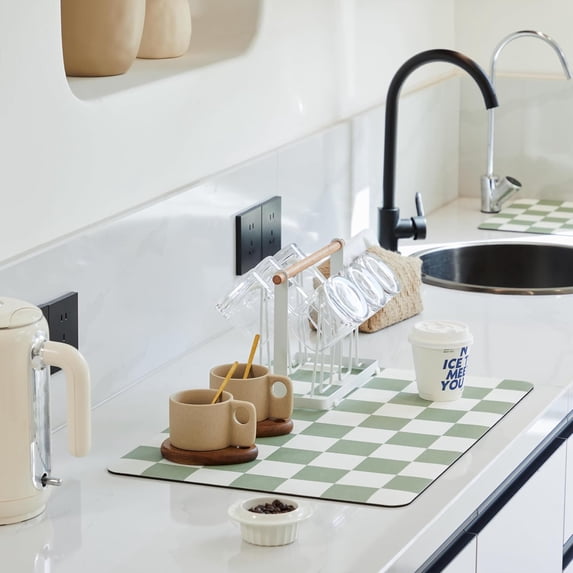 Checkered Dish Drying Mat for Kitchen Counter, Coffee Bar Station Accessories, Retro Cute Aesthetic Absorbent Coffee Mat Kitchen Drying Mat Easy Clean, Sage Green 12" x 19"