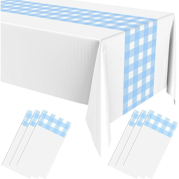 Checkered Disposable Plastic Tablecloth with Retro Gingham Table Runner Design 108 x 54'' Checkered Buffalo Plaid Rectangle Table Cover for Halloween Picnic Birthday Party(Blue White,6 Pcs)