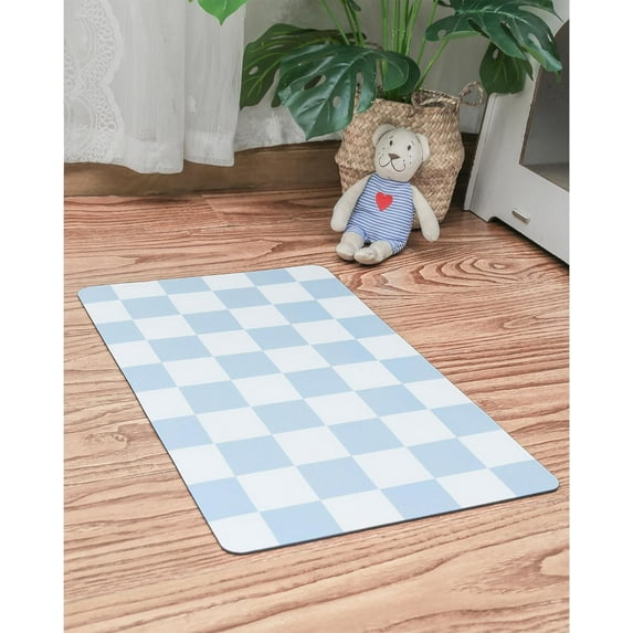 Checkered Dog Feeding Mat, Absorbent Mats for Dog Food and Water Bowl, Dispenser, Retro Aesthetic Light Blue Checkerboard Pet Placemat for Dogs, Cats, Puppy Accessories, 16" X 24”