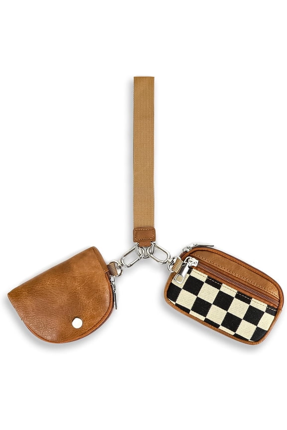 Checkered Dual Pouch  Wallet for Women, Small Mini Zip Leather  Purse with Wrist Strap,wristlet hangbags,Brown