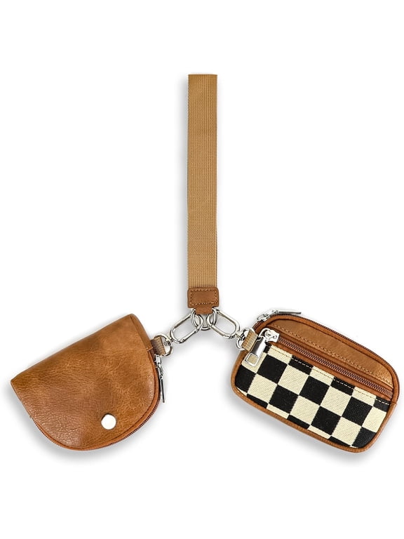 Checkered Dual Pouch Wallet for Women, Small Mini Zip Leather Purse with Wrist Strap,wristlet hangbags,Brown