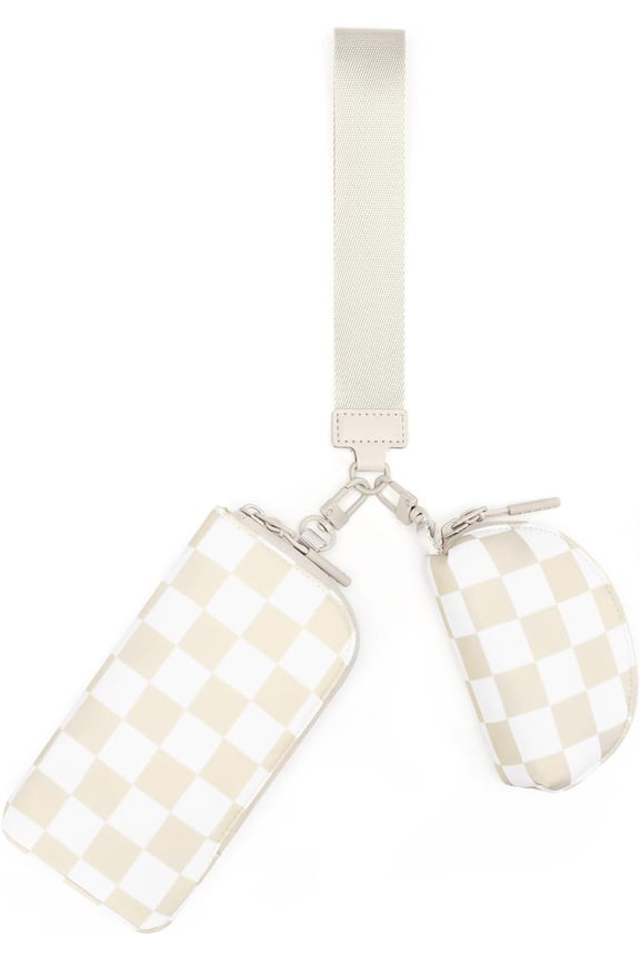 Checkered Dual Pouch Wristlet Wallets for Women Fits Phone Small Travel Zip Around Wallet with  Purse