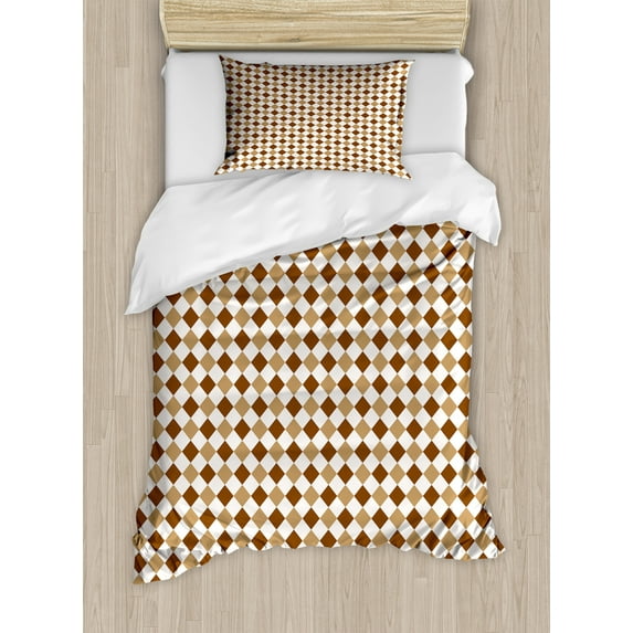 Checkered Duvet Cover Set, Abstract Diamond Shaped Chessboard Squares Earth Tones Repetition, Decorative 2 Piece Bedding Set with 1 Pillow Shams, Twin Size, Pale Brown and Chocolate, by Ambesonne
