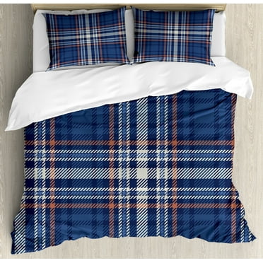 Checkered Duvet Cover Set, Abstract Striped Design Scottish Culture Inspired Celtic Fashion, Decorative 3 Piece Bedding Set with 2 Pillow Shams, King Size, Night Blue Cinnamon, by Ambesonne