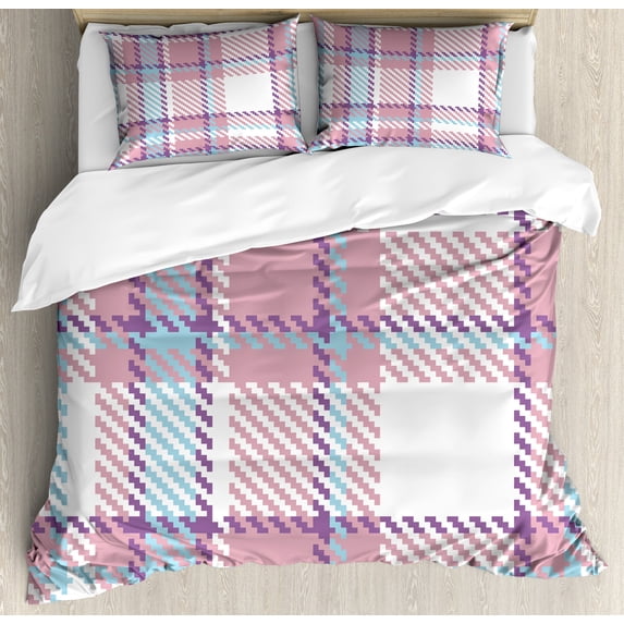 Checkered Duvet Cover Set, Antique Clothing Pattern Design with Retro Display English Culture, Decorative 3 Piece Bedding Set with 2 Pillow Shams, King Size, Lilac Purple Pale Blue, by Ambesonne