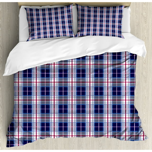 Checkered Duvet Cover Set, Classical Vintage Design with Vibrant Colors Scottish Tartan Tile, Decorative 3 Piece Bedding Set with 2 Pillow Shams, Calking Size, Maroon Royal Blue White, by Ambesonne