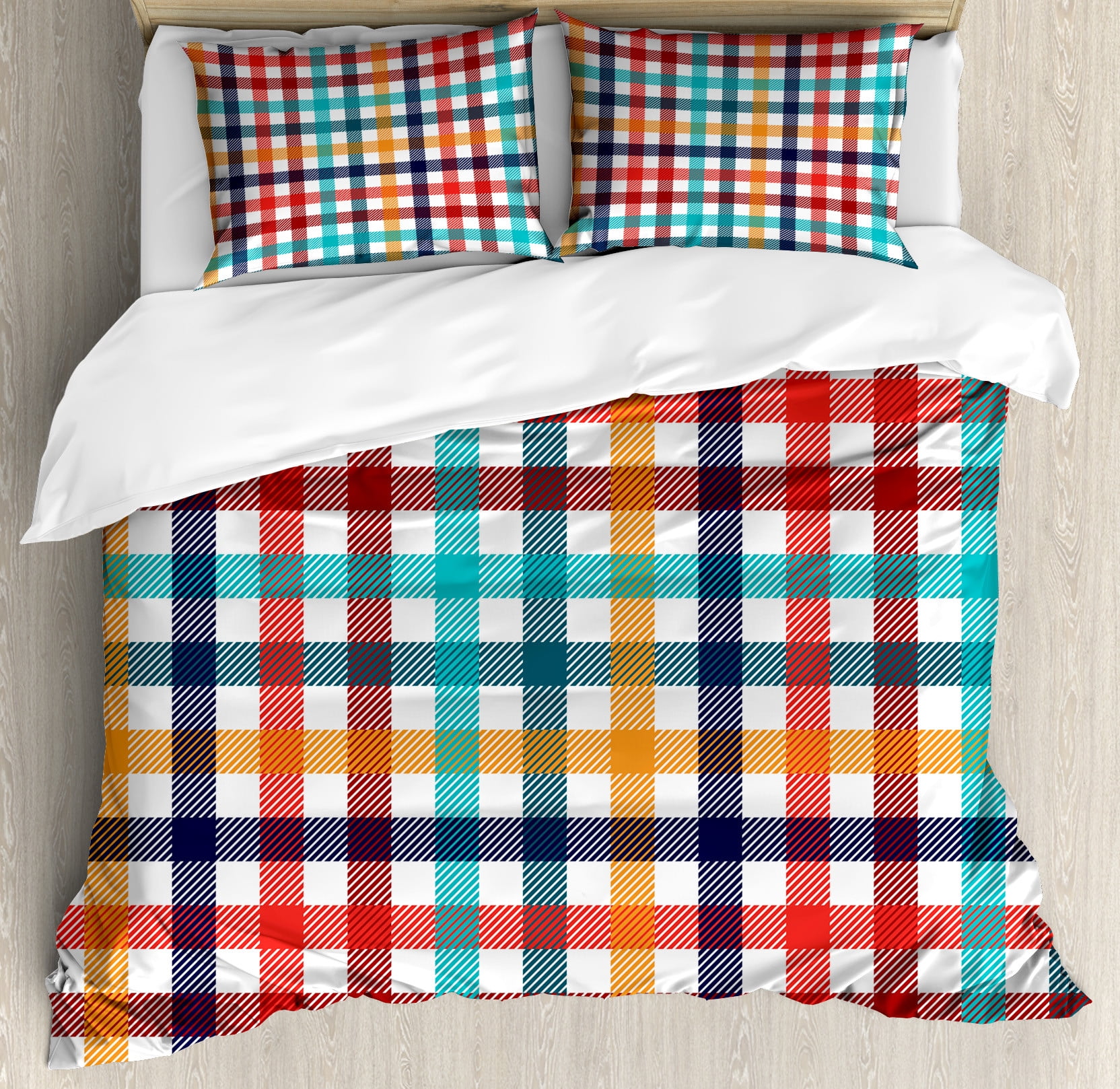 Colorful Gingham Plaid Queen Duvet Cover Set with Pillow Shams
