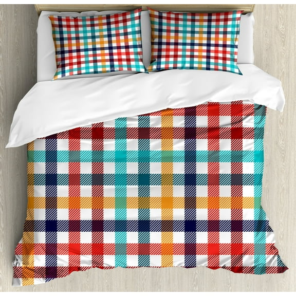Checkered Duvet Cover Set, Colorful Fresh Summertime Pattern Design Gingham Plaid Striped Traditional Picnic, Decorative 3 Piece Bedding Set with 2 Pillow Shams, Calking Size, Multicolor, by Ambesonne