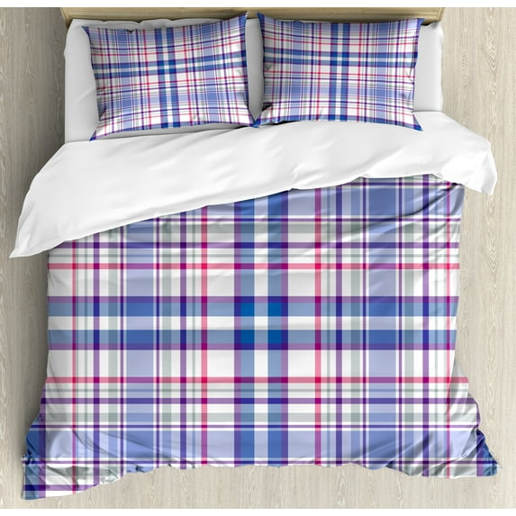 Checkered Duvet Cover Set, Country Inspired Old Fashioned Pattern Picnic Theme Soft Colors Print, Decorative 3 Piece Bedding Set with 2 Pillow Shams, Queen Size, Violet Blue White Pink, by Ambesonne