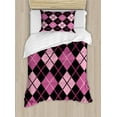 thumbnail image 1 of Checkered Duvet Cover Set, Crosswise Striped Mosaic Pattern Squares Retro Style Feminine Design, Decorative 2 Piece Bedding Set with 1 Pillow Shams, Twin Size, Pink Pale Pink Black, by Ambesonne, 1 of 3