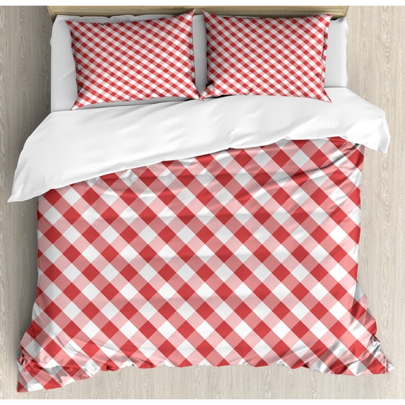 Checkered Duvet Cover Set, Crosswise Stripes with Little Red Squares Retro Abstract Pattern, Decorative 3 Piece Bedding Set with 2 Pillow Shams, Calking Size, Dark Coral Pale Pink, by Ambesonne