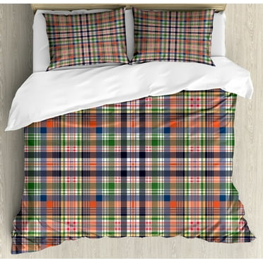 Checkered Duvet Cover Set, Dark Colorful Abstract Design Dense Intersecting Lines Retro Style Print, Decorative 3 Piece Bedding Set with 2 Pillow Shams, Calking Size, Blue Green Orange, by Ambesonne