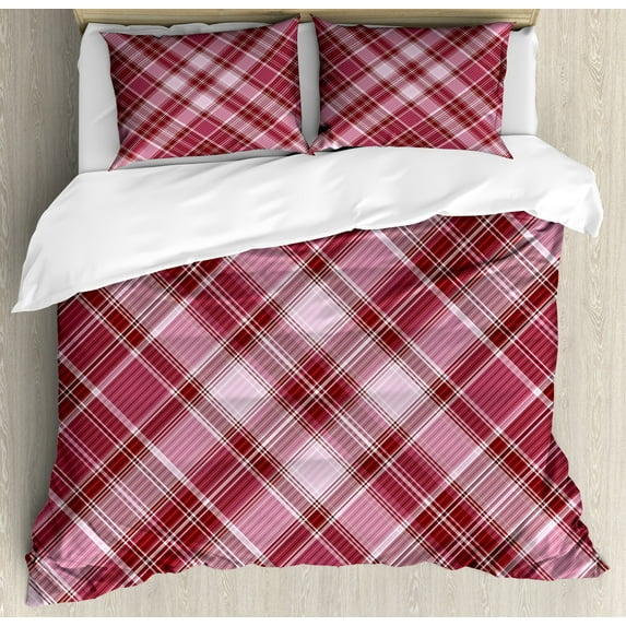Checkered Duvet Cover Set, Diagonal Checkered Pattern with Strips and Rhombus in Rose Tones, Decorative 3 Piece Bedding Set with 2 Pillow Shams, Queen Size, Dried Rose White, by Ambesonne