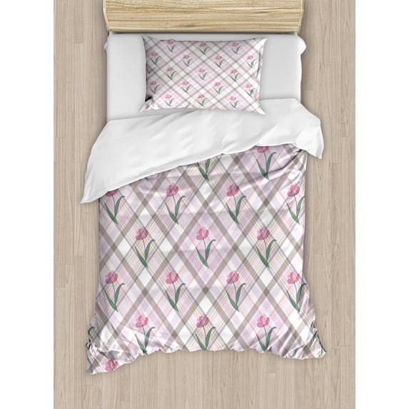 Checkered Duvet Cover Set, Diagonal Striped Design Delicate Gentle Flower Feminine, Decorative 2 Piece Bedding Set with 1 Pillow Shams, Twin Size, Mauve Pink Forest Green, by Ambesonne