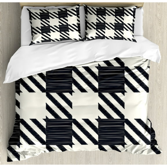 Checkered Duvet Cover Set, Diagonal Stripes Squares Monochrome Sketchy Geometric Grid Revival Tile, Decorative 3 Piece Bedding Set with 2 Pillow Shams, King Size, White Charcoal Grey, by Ambesonne