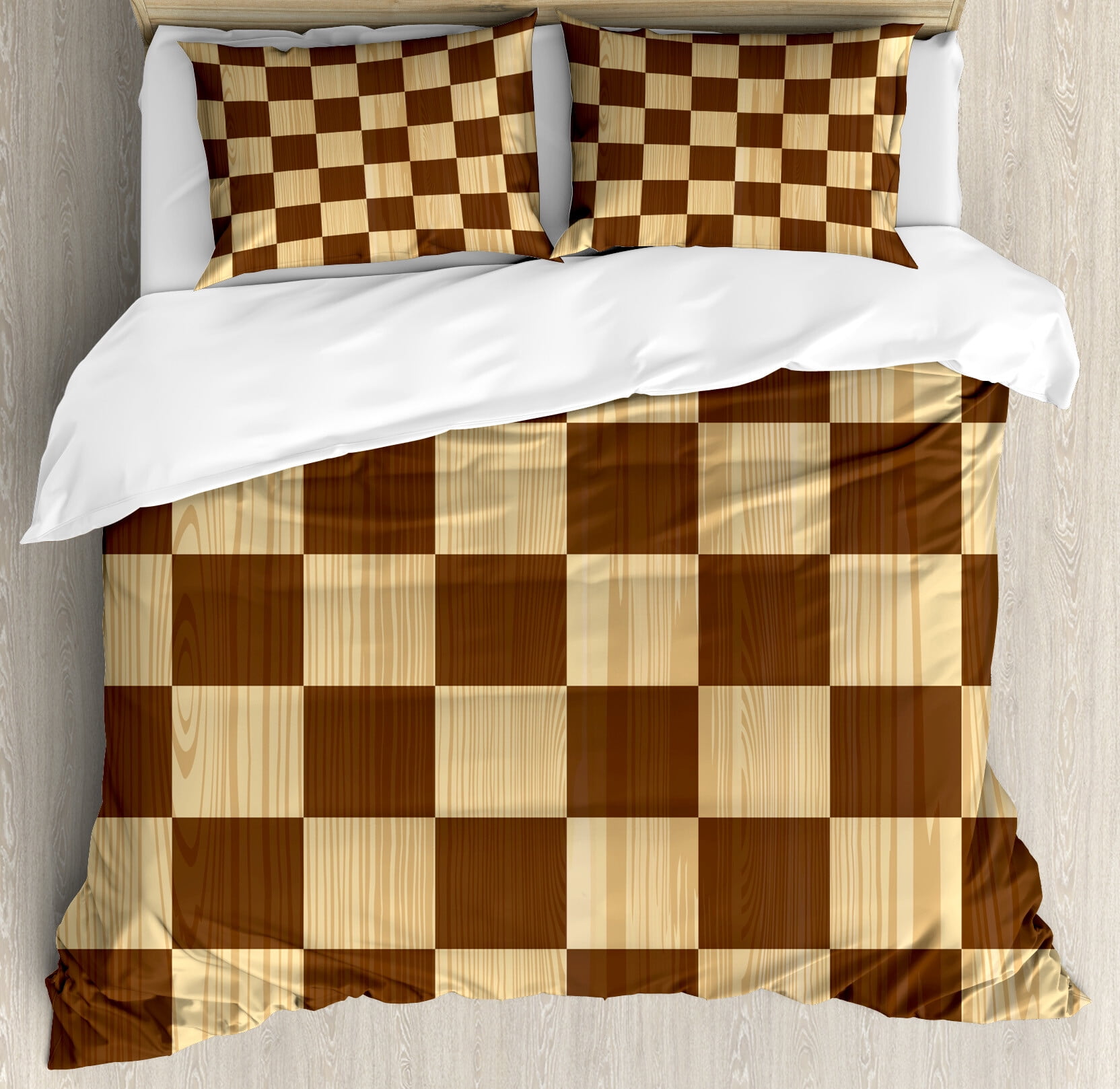 California King Brown Checkered Duvet Cover Set with Pillow Shams