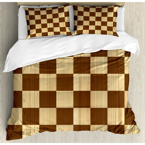 Checkered Duvet Cover Set, Empty Checkerboard Wooden Seem Mosaic Texture Image Chess Game Hobby Theme, Decorative 3 Piece Bedding Set with 2 Pillow Shams, Calking Size, Brown Pale Brown, by Ambesonne