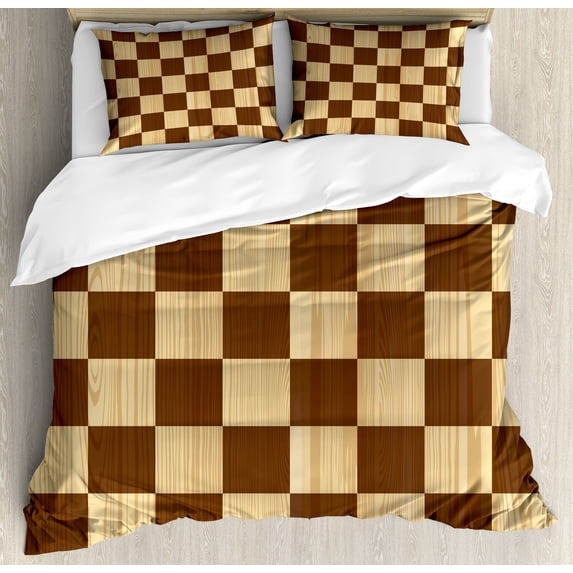 Checkered Duvet Cover Set, Empty Checkerboard Wooden Seem Mosaic Texture Image Chess Game Hobby Theme, Decorative 3 Piece Bedding Set with 2 Pillow Shams, Queen Size, Brown Pale Brown, by Ambesonne