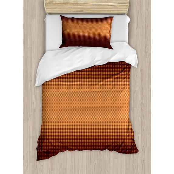 Checkered Duvet Cover Set, Grid Pattern with Vignette Effect Squares Abstract Mosaic Composition, Decorative 2 Piece Bedding Set with 1 Pillow Shams, Twin Size, Dark Brown and Orange, by Ambesonne