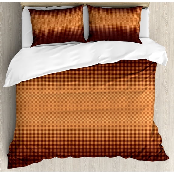 Checkered Duvet Cover Set, Grid Pattern with Vignette Effect Squares Abstract Mosaic Composition, Decorative 3 Piece Bedding Set with 2 Pillow Shams, Queen Size, Dark Brown and Orange, by Ambesonne