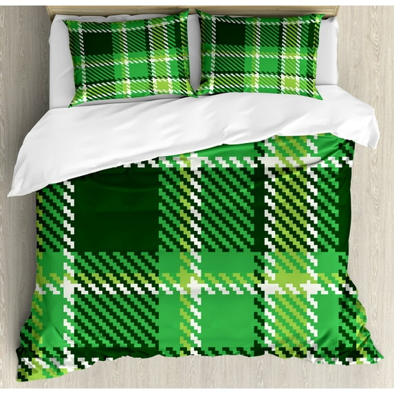 Checkered Duvet Cover Set, Old Fashioned Irish British Tile Mosaic in Vibrant Green Colors, Decorative 3 Piece Bedding Set with 2 Pillow Shams, King Size, Emerald Lime Green White, by Ambesonne