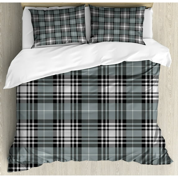 Checkered Duvet Cover Set, Old Fashioned Plaid Tartan Dark Colors Classic English Tile Symmetrical, Decorative 3 Piece Bedding Set with 2 Pillow Shams, Calking Size, Seal Brown Dimgray, by Ambesonne