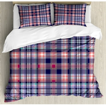 Checkered Duvet Cover Set, Pink and Blue Colored Repeating Pattern with Intersecting Lines Squares, Decorative 3 Piece Bedding Set with 2 Pillow Shams, Calking Size, Navy Blue Pink, by Ambesonne