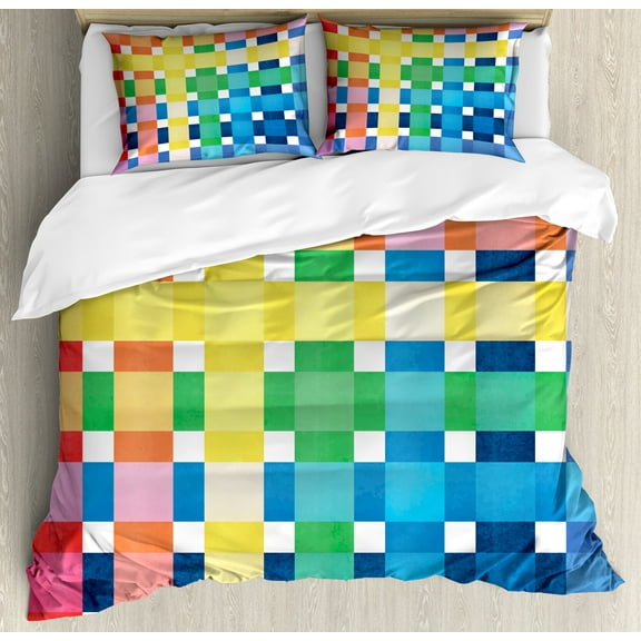 Checkered Duvet Cover Set, Rainbow Colors Contiguous Big and Small Squares in Watercolor Style Geometrical, Decorative 3 Piece Bedding Set with 2 Pillow Shams, Calking Size, Multicolor, by Ambesonne