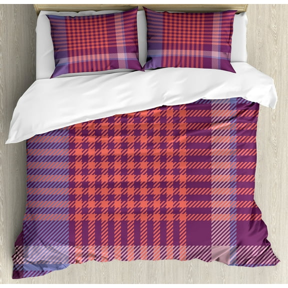 Checkered Duvet Cover Set, Retro British Irish Cultural Pattern of Tartan Abstract Celtic Design, Decorative 3 Piece Bedding Set with 2 Pillow Shams, King Size, Purple Lavender Orange, by Ambesonne