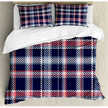 Checkered Duvet Cover Set, Retro Plaid Pattern Geometrical Pixelated Seem Mosaic Design, Decorative 3 Piece Bedding Set with 2 Pillow Shams, Queen Size, Dark Coral Pale Blue, by Ambesonne