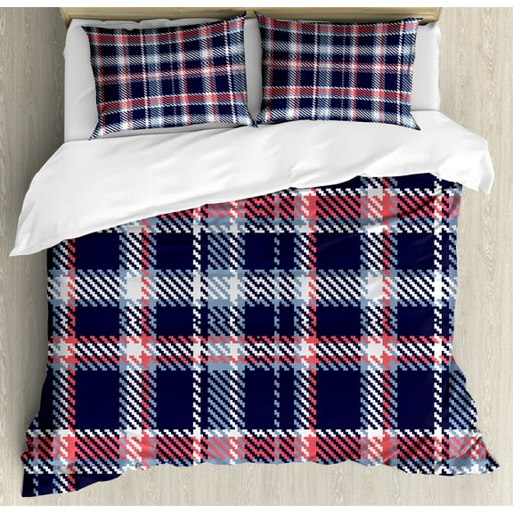 Checkered Duvet Cover Set, Retro Plaid Pattern Geometrical Pixelated Seem Mosaic Design, Decorative 3 Piece Bedding Set with 2 Pillow Shams, Queen Size, Dark Coral Pale Blue, by Ambesonne