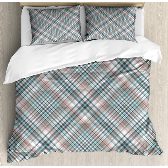 Checkered Duvet Cover Set, Traditional Pattern with Crosswise Dense Lines Plaid Inspired, Decorative 3 Piece Bedding Set with 2 Pillow Shams, Queen Size, Grey Pale Blue Pale Pink, by Ambesonne