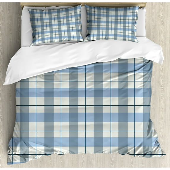 Checkered Duvet Cover Set, Traditional Scottish Tartan Plaid Texture Image Rural Style, Decorative 3 Piece Bedding Set with 2 Pillow Shams, Queen Size, Slate Blue Pale Blue, by Ambesonne